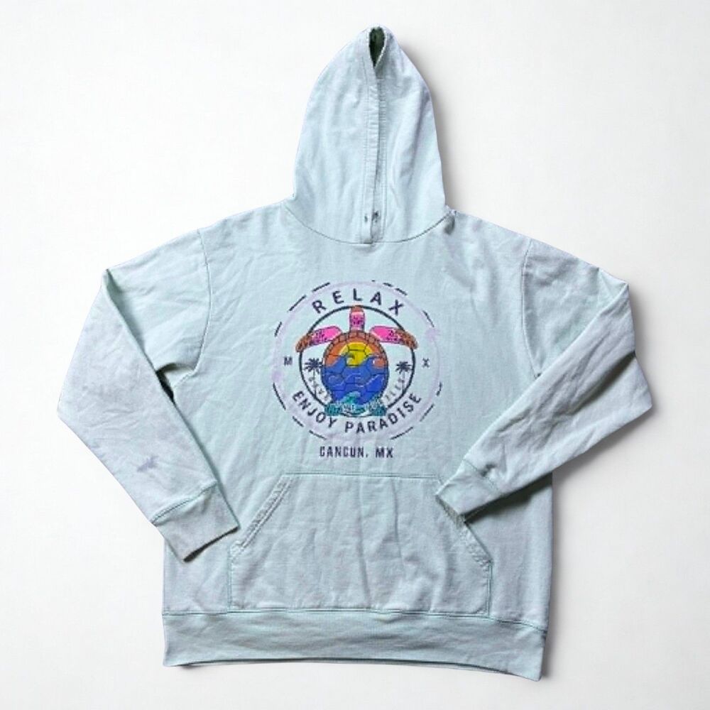 Los Cinco Soles Hoodie Mens Medium Mint Green Cancun Mexico Turtle Graphic